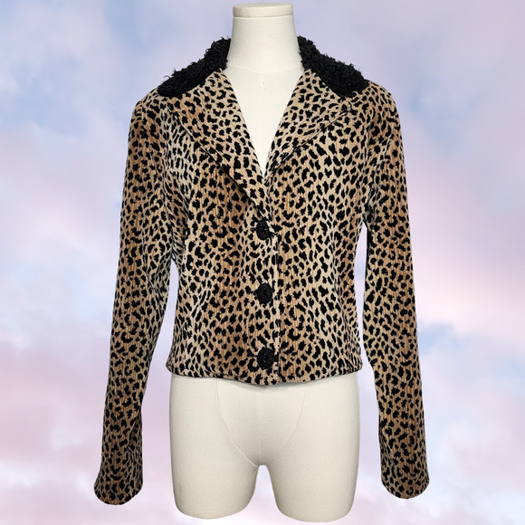 Vtg 90s Leopard Print Tan Black Boho Western Tapestry Fuzzy Faux Fur Jacket Sz M - Picture 1 of 9